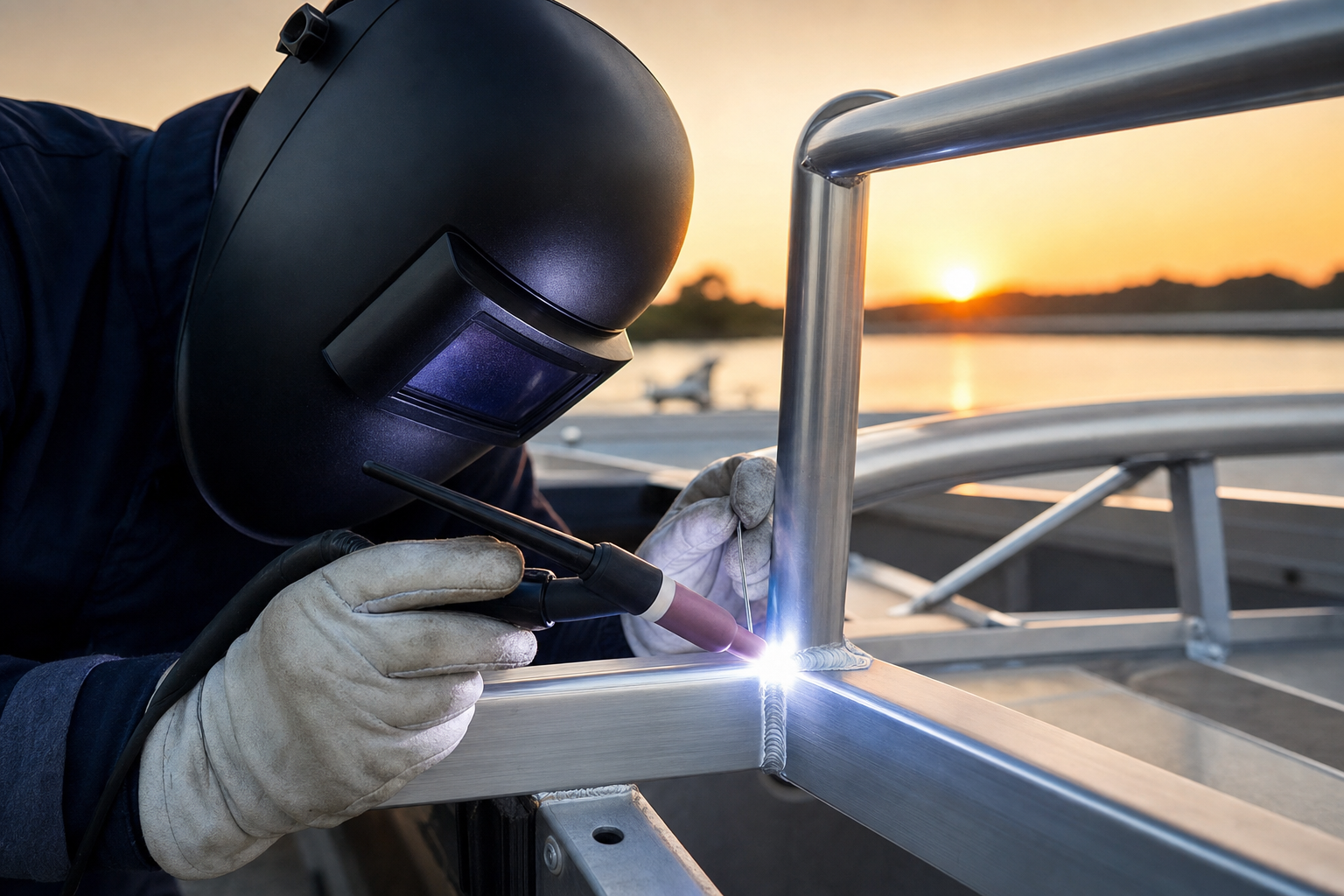 Precise TIG welding on an aluminum boat railing at sunset