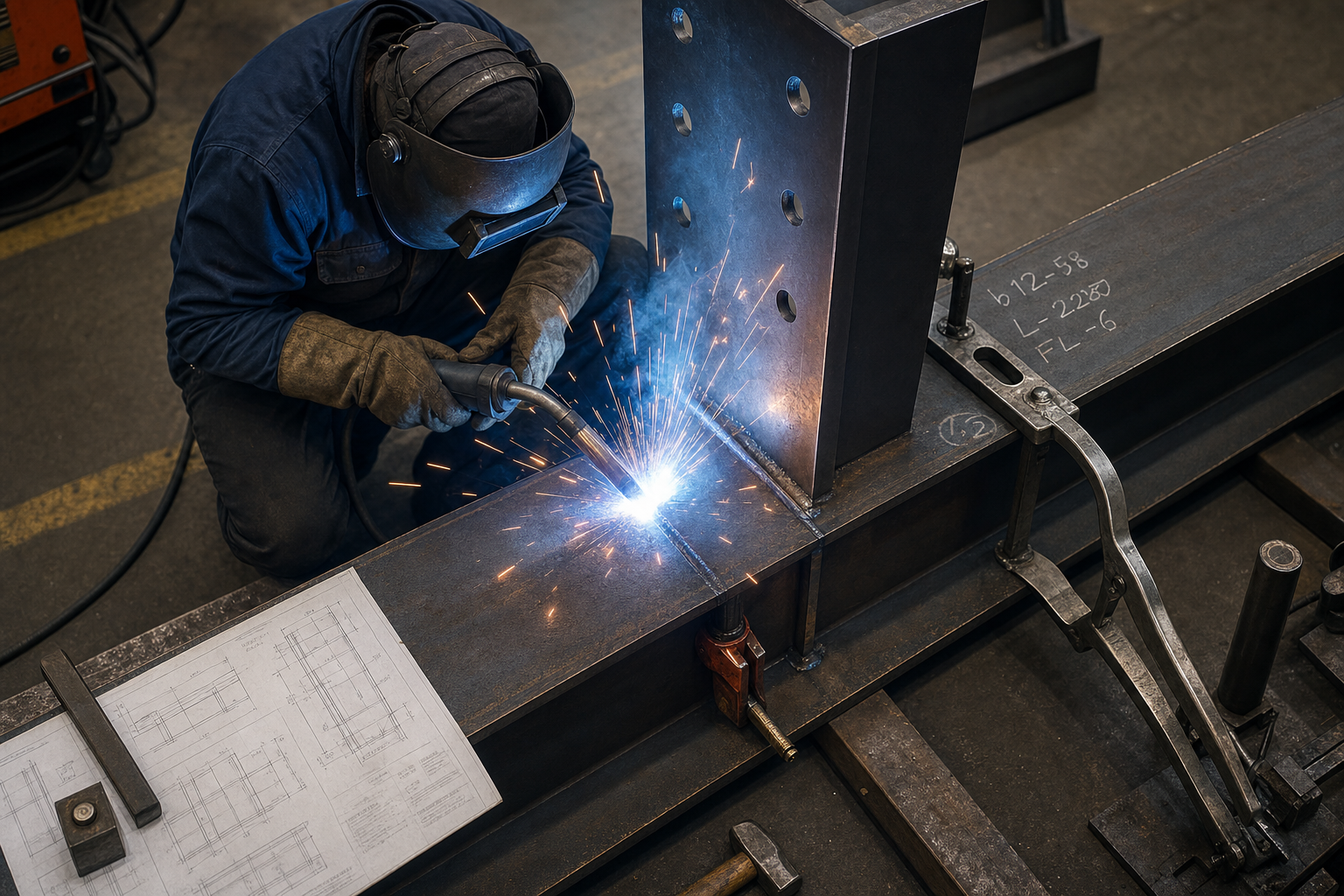 Welder joining large steel beams together with a bright MIG welder arc