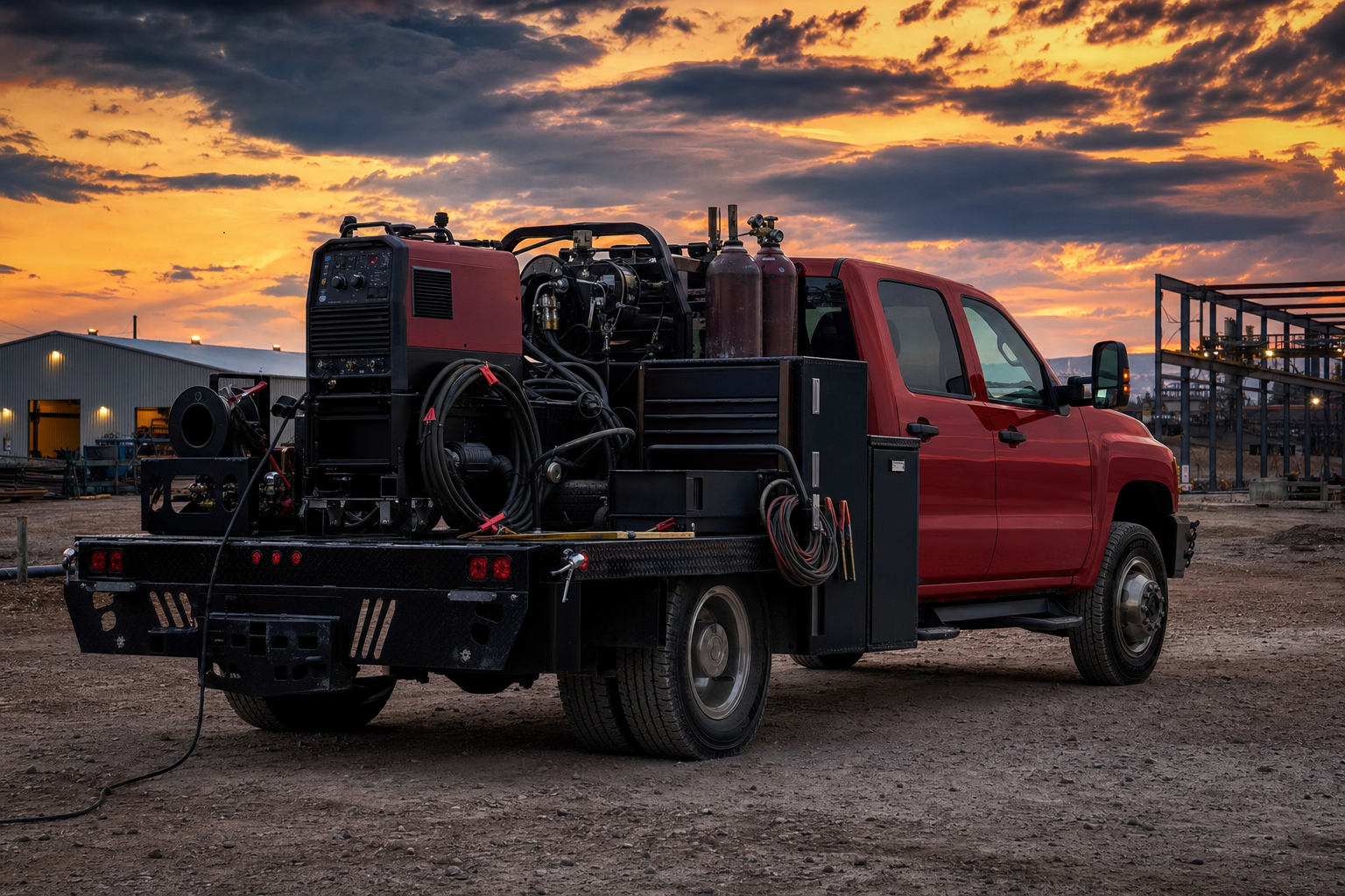 Fully-equipped mobile welding truck at an industrial job site at dusk